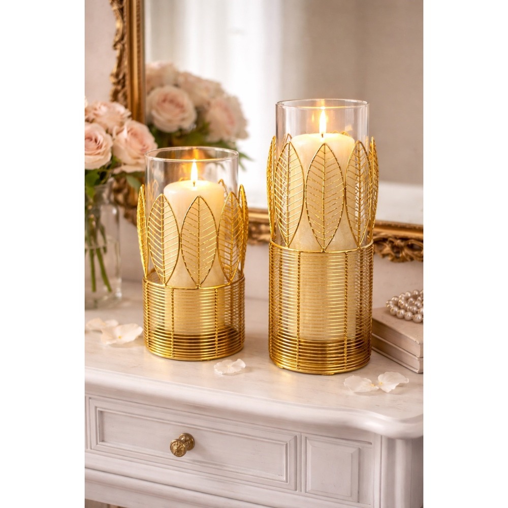 Gold Leaf Hurricane‎ Candle Holders Set 9.5" 12" Glass Insert Boho Glam